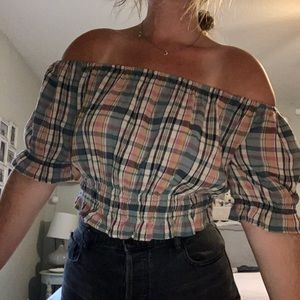 American eagle plaid off the shoulder top